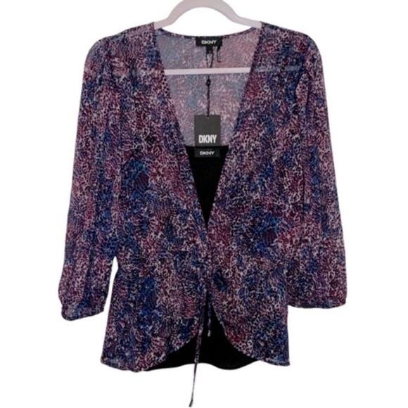 DKNY Purple Floral Tie-Waist V-Neck Blouse 3/4 Sleeve Top Small NWT - Picture 2 of 4